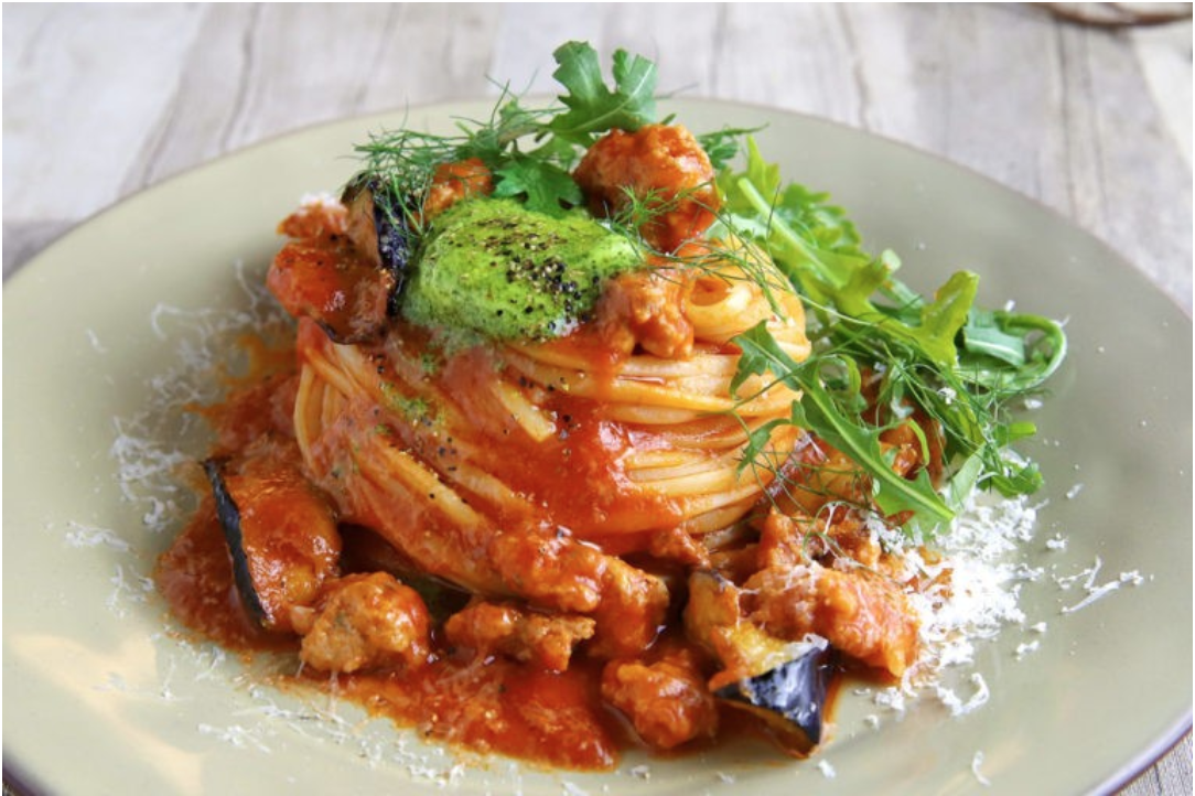 Salsiccia and fried eggplant tomato sauce pasta lemon herb butter